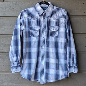 Cowboy Hardware Blue Plaid Western Snap Shirt Embroider Longhorn Steer 14/16 XL